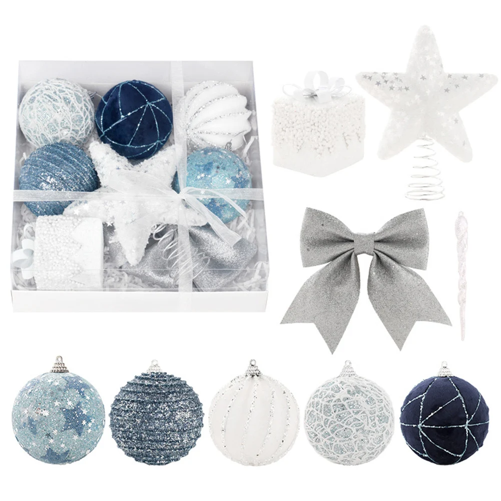 18PCS Blue Foam 8CM Christmas Balls Tree Top Star Bow Pendant White Silver Pendant New Year 2025 Gifts Navidad Noel