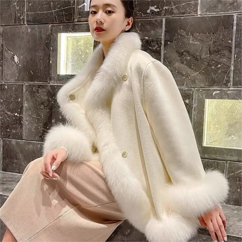Chinese-style fur mixed mid-length coat women's woolen cape thickened overcoat