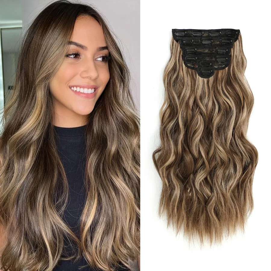 وصلات شعر كليبين للنساء مع بني فاتح وأشقر يسلط الضوء على قطع شعر صناعية طويلة مموجة 6 قطع 16 بوصة سميكة ناتو