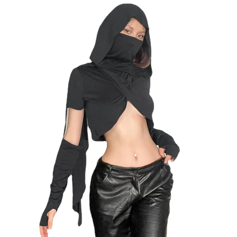 

Wasteland Style Women's Clothes Techwear Dark Black Hooded Short -Fit Design Sense Niche Sexy Long-Sleeved T-shirt