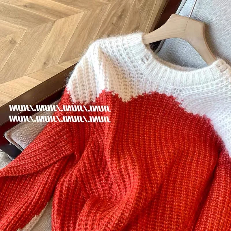 Pulôver de malha vermelha de retalhos feminino camisola harajuku y2k coreano mangas compridas o pescoço blusas grandes vintage 2000s roupas 2025