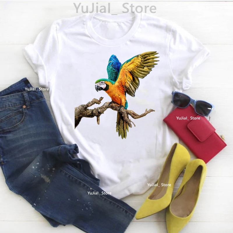 Tee Shirt Femme Geschilderd Papegaai Leuke Vogel Animal Print Vrouwen T-shirt Fashion Casual Highquality Vrouwen Tshirt Tops Drop Shipping