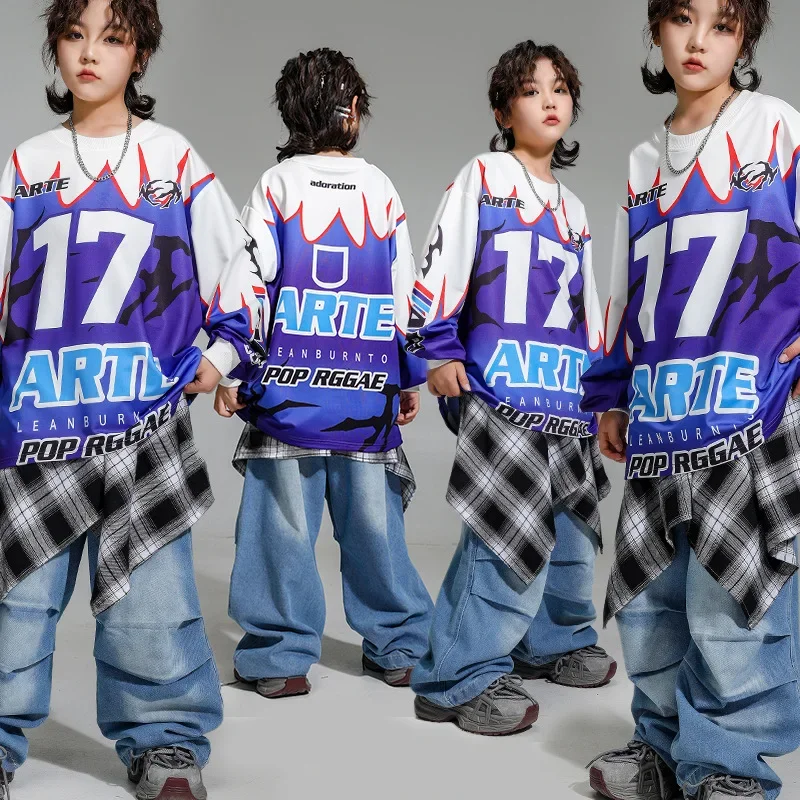 Kid Hip Hop Clothing Blue White Print Sweatshirt Top Denim Blue Casual Jeans Baggy Pants for Girl Boy Jazz Dance Costume Clothes