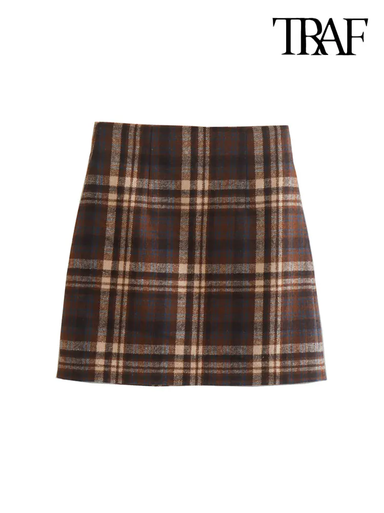 TRAF-Women's Plaid Mini Skirt, High Waist, Back Zipper, Female Skirts, Chic Fashion