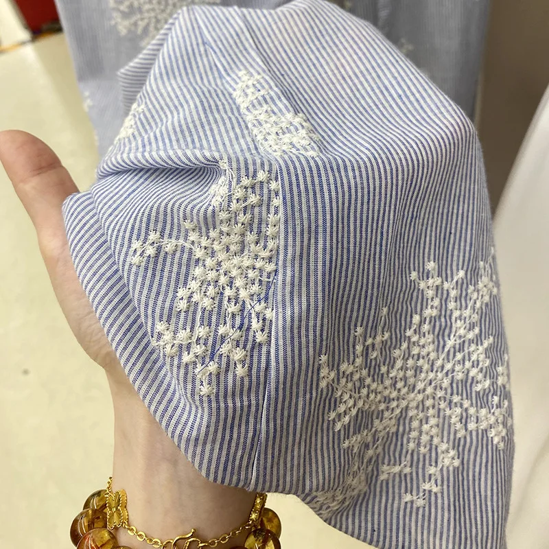 

100% cotton jacquard fabric flower striped lace embroidered cotton blue DIY shirt children's dress
