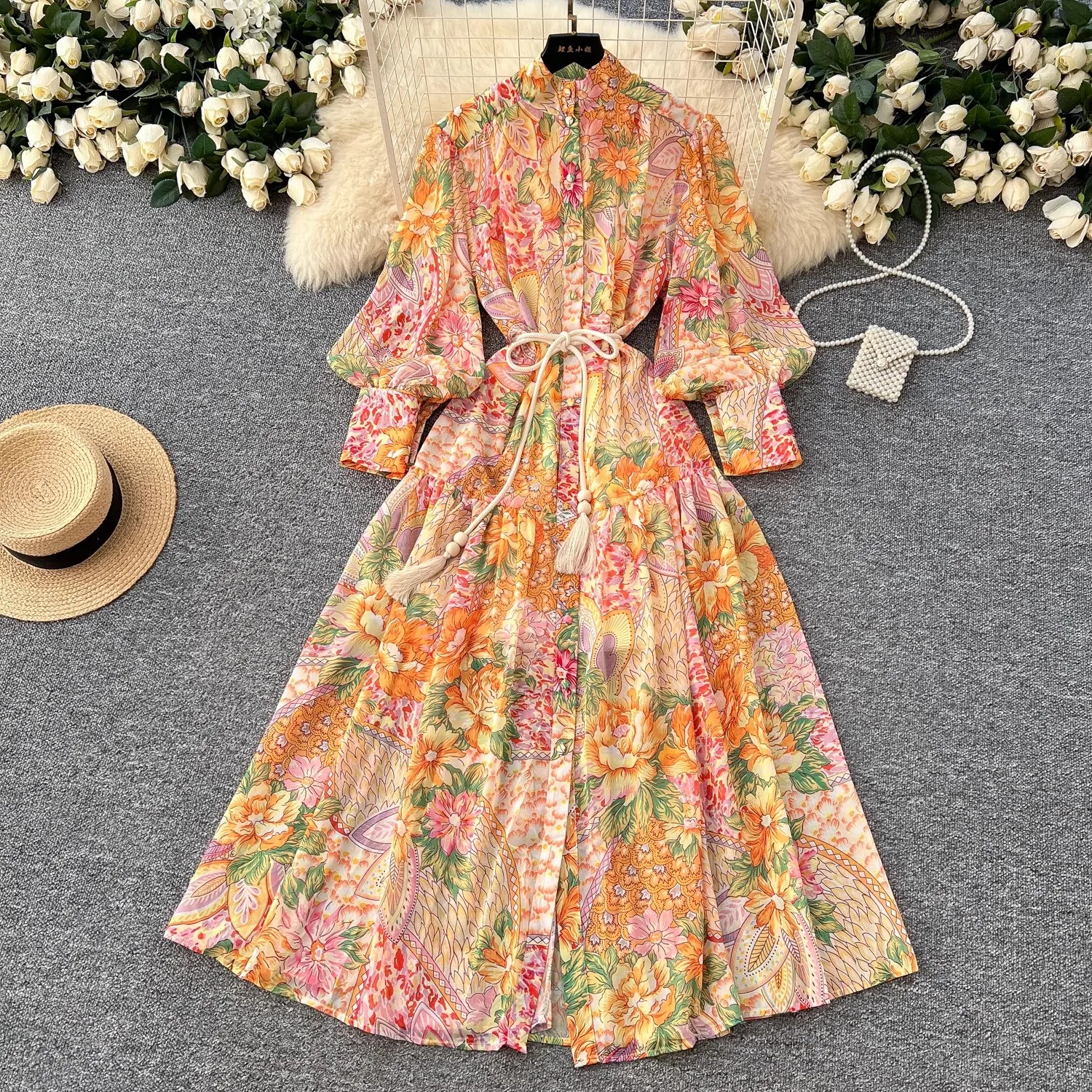 

Chic Print Pleated Elegant Lantern Sleeve Dress A-line Casual Lace Up Vacation Party Dress Women Fashion Spring Summer Vestidos