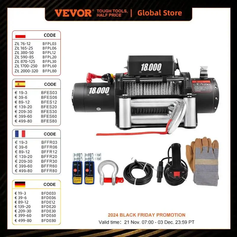 VEVOR Truck Winch 18000lbs Electric Winch Cable Steel 12V Power Winch w/ Wireless Remote Control and Powerful Motor for UTV ATV