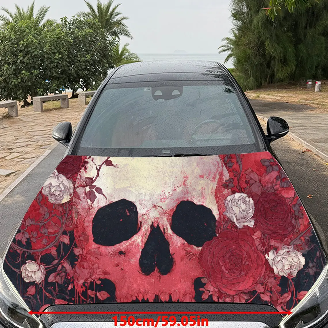 ملصقات غطاء السيارة على شكل جمجمة حمراء مذهلة مع لهجات الأزهار - لفافة فينيل ذاتية اللصق ومقاومة للماء ومتينة، وتزيين وتحمي #2
