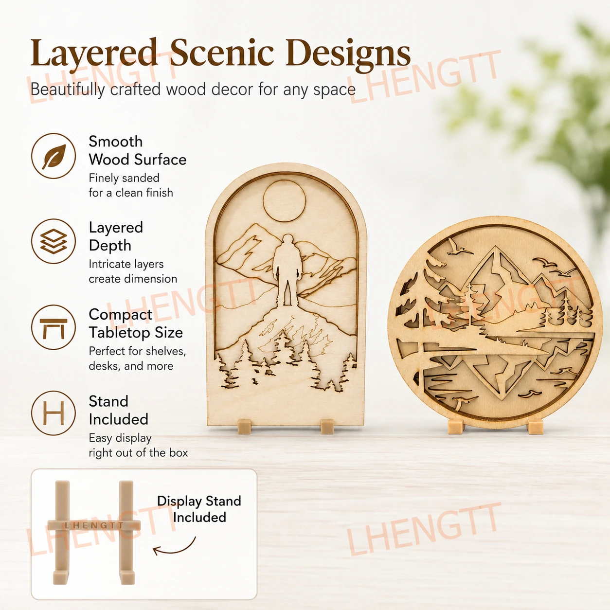 2PCS DIY Layered Wooden Scenic Art Set with Display Stands, Mountain & Forest Landscape Wood Decor, Desk and Home Decoration