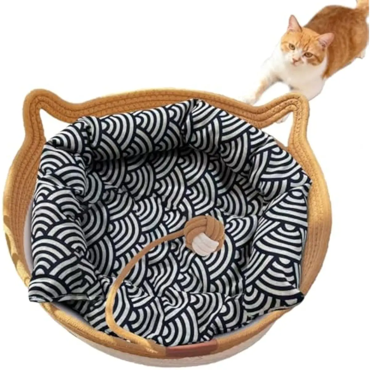 Instinctive woven feline resting pod crafted from natural cotton rope with soft cushion insert, round open design promotes airfl
