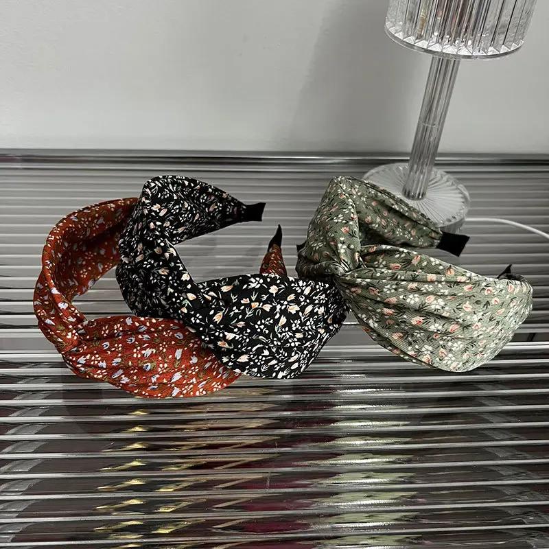 Women Soft Cotton Small Floral Twisted Knot Headband Breathable Fabric Wide Hair Hoop Non Slip Hairband Girls Hair Accessories