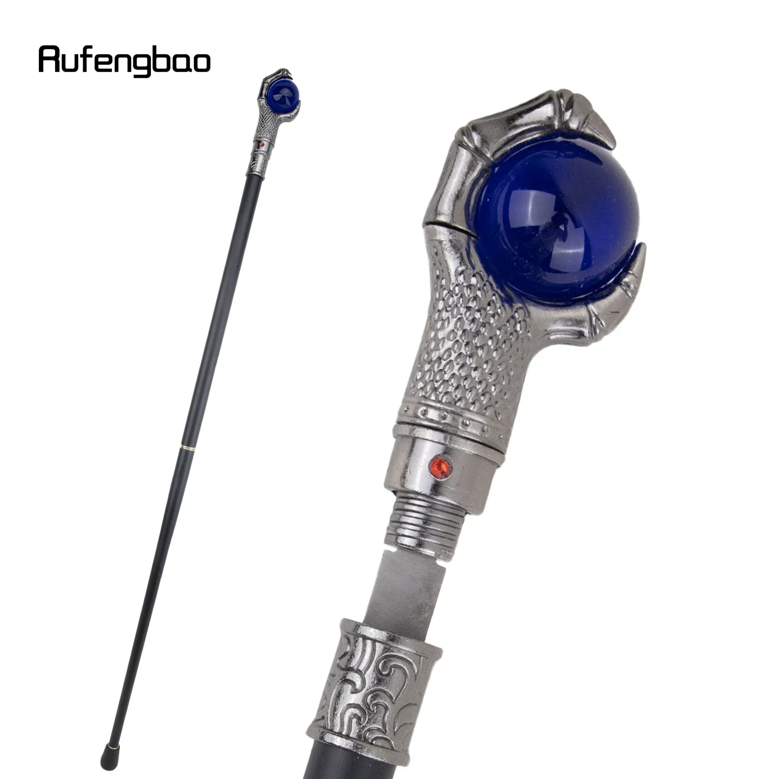 Silver Dragon Claw Grasp Blue Glass Ball Walking Stick with Hidden Plate  Performance stage Cane 93cm