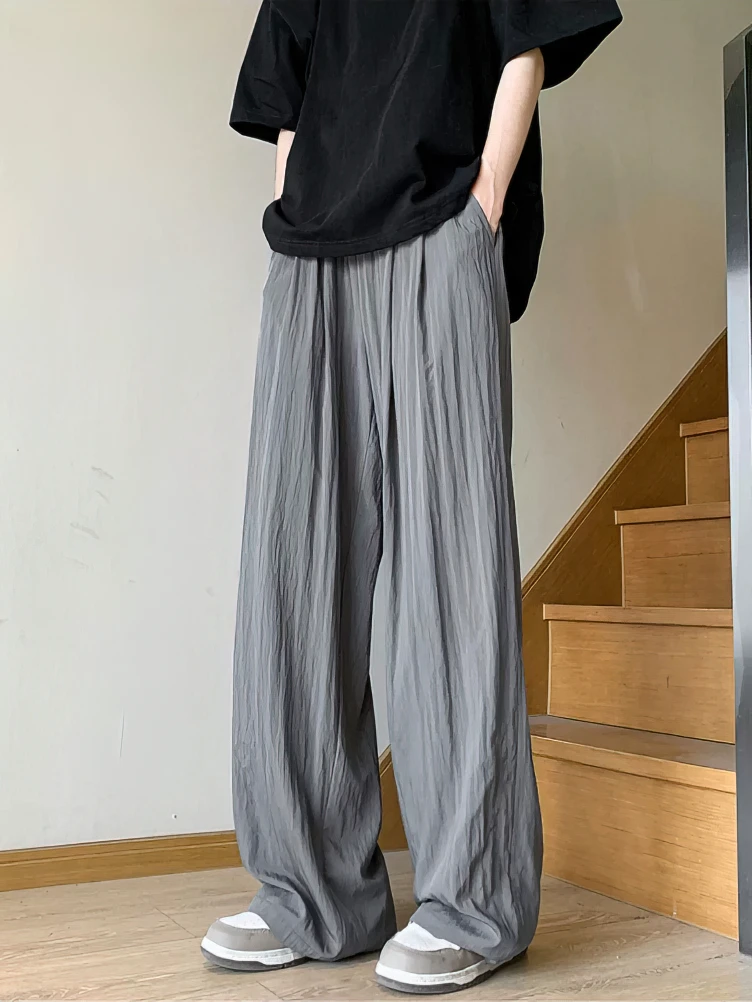 Ice Silk Linen Straight Casual Pants Men Summer Thin Loose Wide Leg Straight Long Trousers Japanese Lazy Popular 2024 New