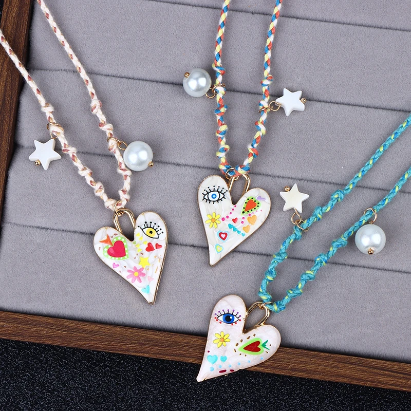 Women's Handmade Knotted Rope Heart Pendant Necklace Fashion Sweater Chain Stackable Star Pearl Jewelry Gift