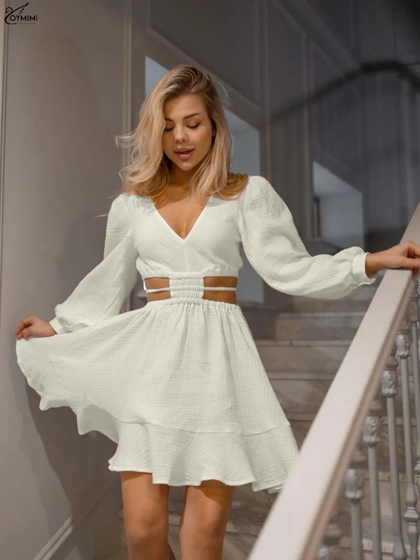 

Oymimi Elegant Beige Cottton Womens Dresses Fashion Long Sleeve Lace-Up Hollow Out Dresses Autumn High Waist Loose Mini Dress