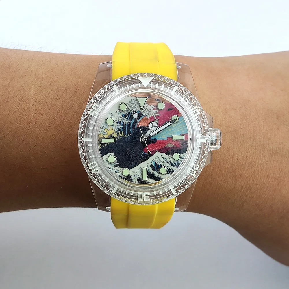 Orologio meccanico automatico con cassa in plastica trasparente luminosa, vetro acrilico da 40 mm, movimento NH35, orologio di lusso da uomo impermeabile 5ATM