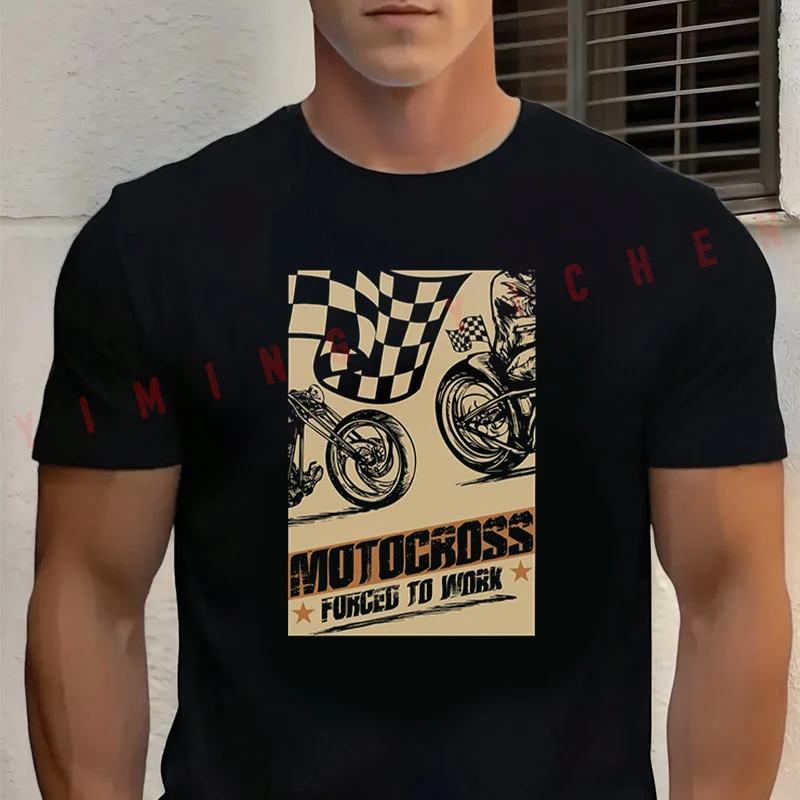 

Motocross Forced To Work Graphic Motorcycle T-Shirt Men‘s Cotton Summer Short-sleeved Casual Streetwear Tops Tee