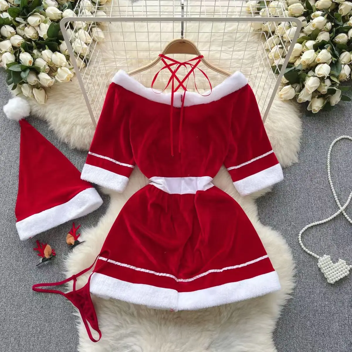 Christmas Cosplay Uniform Women\'s Sexy Short Sleeve Red Mini Dress Slim Halter Neck Slash Neck Erotic Ingerie Cute Sweet Pajamas