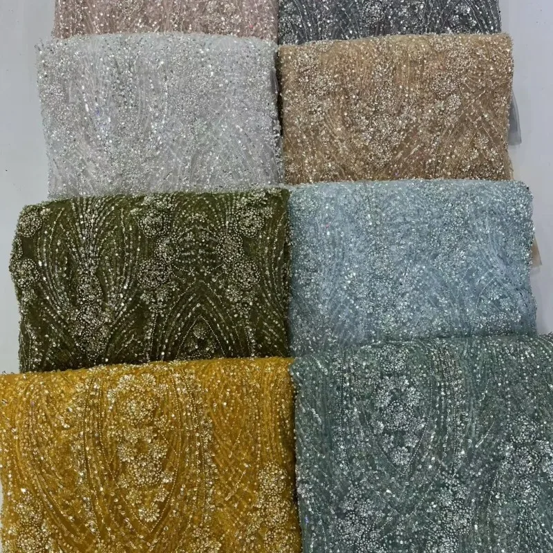 Heavy Sequin beaded Mesh Lace Trim Fabric Multi Colorwith Bubble Bead Bugle Bead  for Wedding Gown Evening Gown Dress DIY Sewing