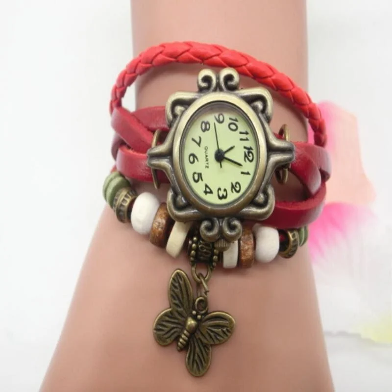 Multicolor Women Leather Vintage Quartz Dress Watch Bracelet Wristwatches Leaf Gift