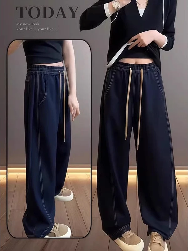 딥 블루 하이웨이스트 와이드 레그 진 여성용 가을 신상 슬림핏 바지 편안한 루즈핏 데님