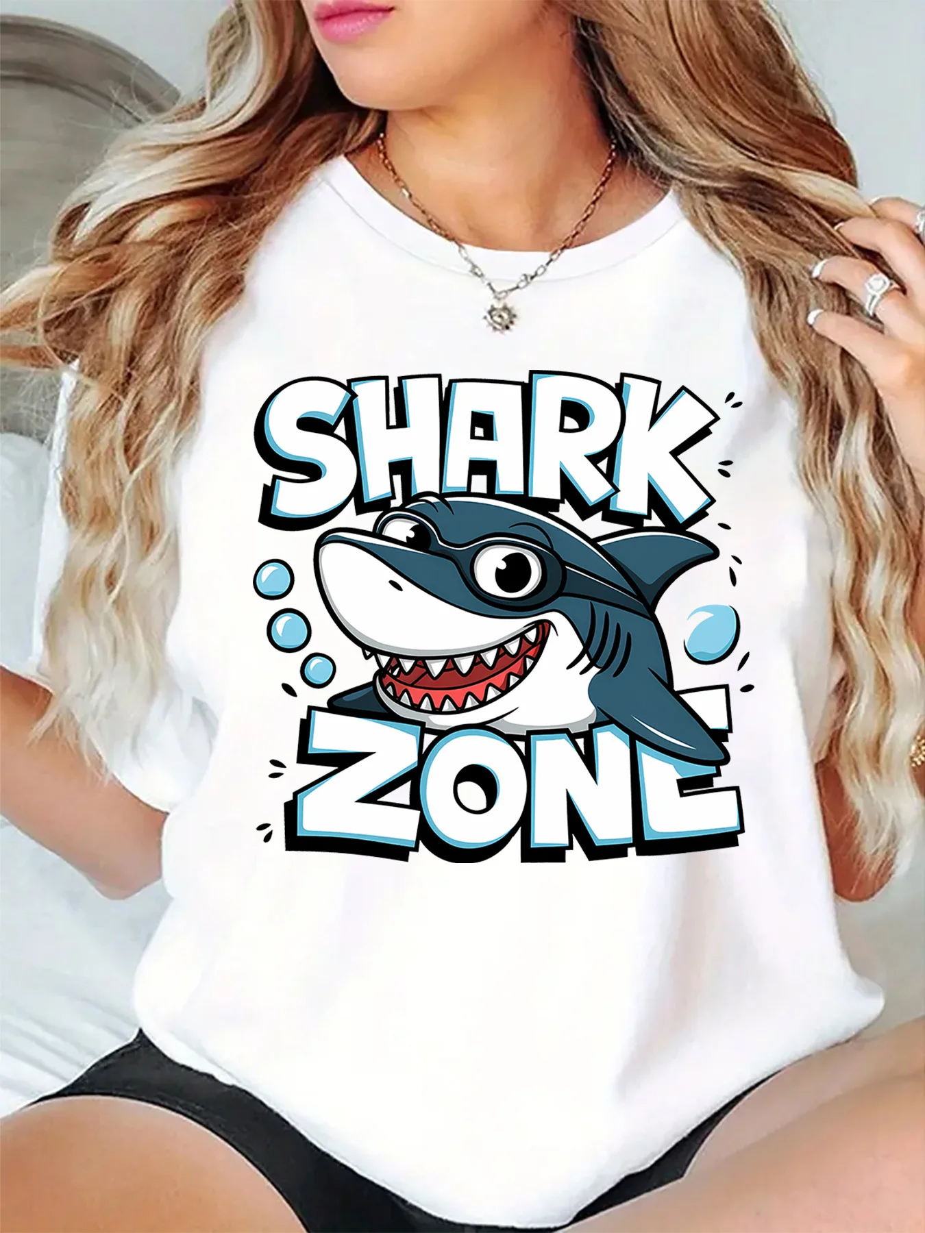 Shark Zone Funny Cartoon Shark With Goggles Art Graphic Womens T Shirt Short Sleeve Crew Neck Daily Casual Ladies Tee Tops