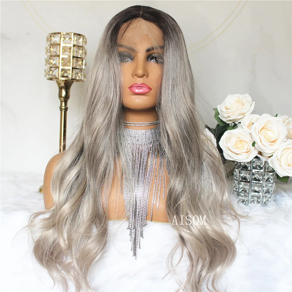 Long Wavy Lace Front Synthetic Hair Wigs for Women Ombre Ash Gray Colored Glueless Body Wave Frontal Wig Heat Resistant Wig