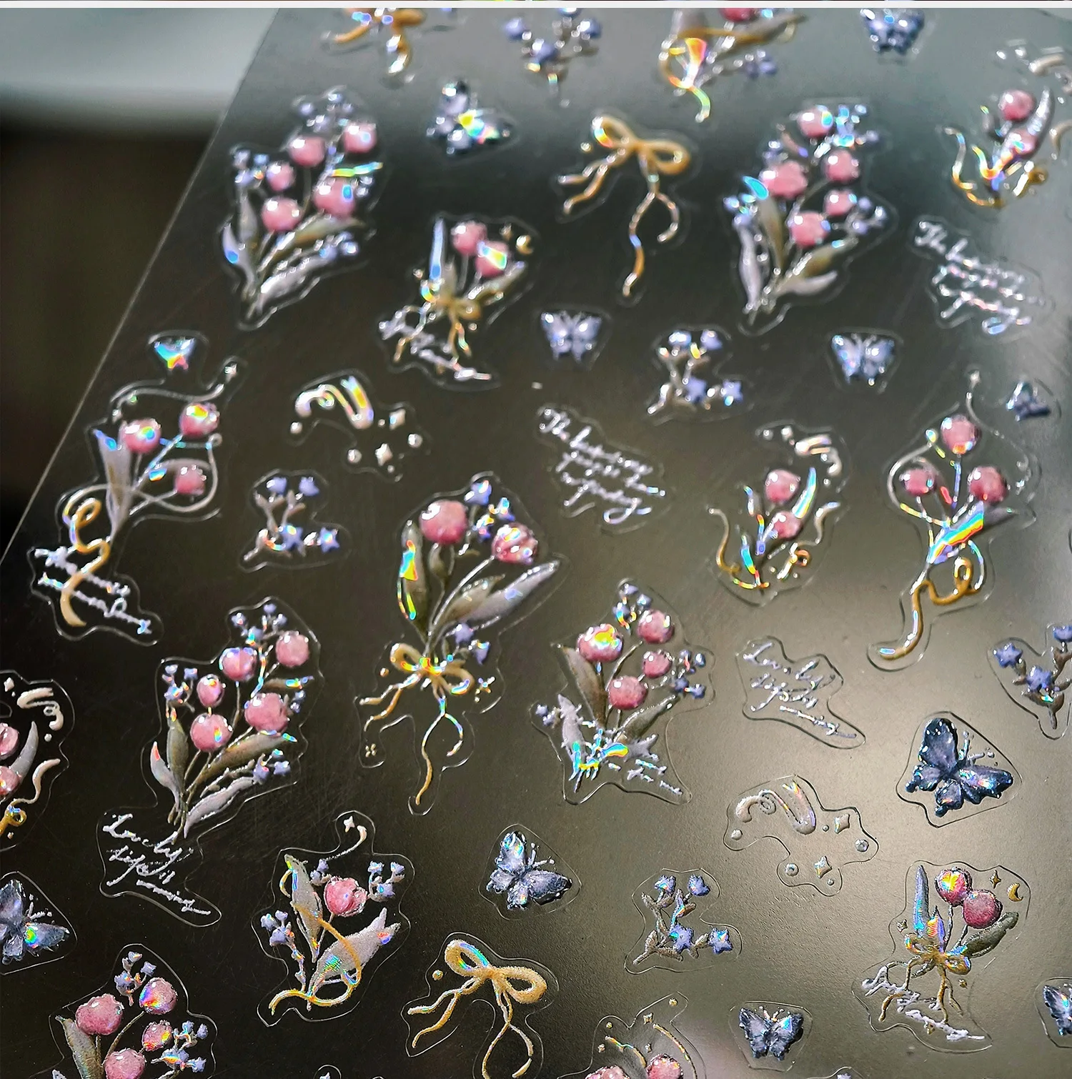 สวนโรแมนติกดอกไม้ช่อดอกไม้ 5D สติกเกอร์เล็บ GOLD Stamping กรอบรูปขอบ Bowknot ดอกไม้ Self กาวเล็บ Decal