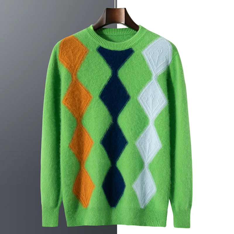 

New men's 100% mink sweater, round neck color matching knitted sweater, and the bottoming shirt is fashionable and versatile