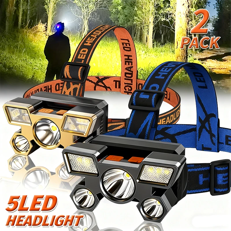 5*LED High Power Headlamp, Super Bright Rechargeable Fishing Camping Light, Long Distance Head Mounted Mining Lamp, Flashlight