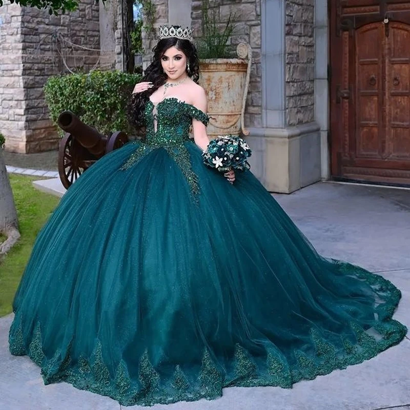 Vestidos de quinceañera verde esmeralda, escote Corazón, hombros descubiertos, Sexy, Apliques de encaje hinchados, cuentas, Baile de Princesa, 15 años