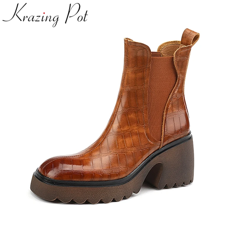 

Krazing Pot Handmade Cow Leather Thick Heel Round Toe Motorcycles Chelsea Boots Warm Winter Shoes Retro Brand Dress Ankle Boots
