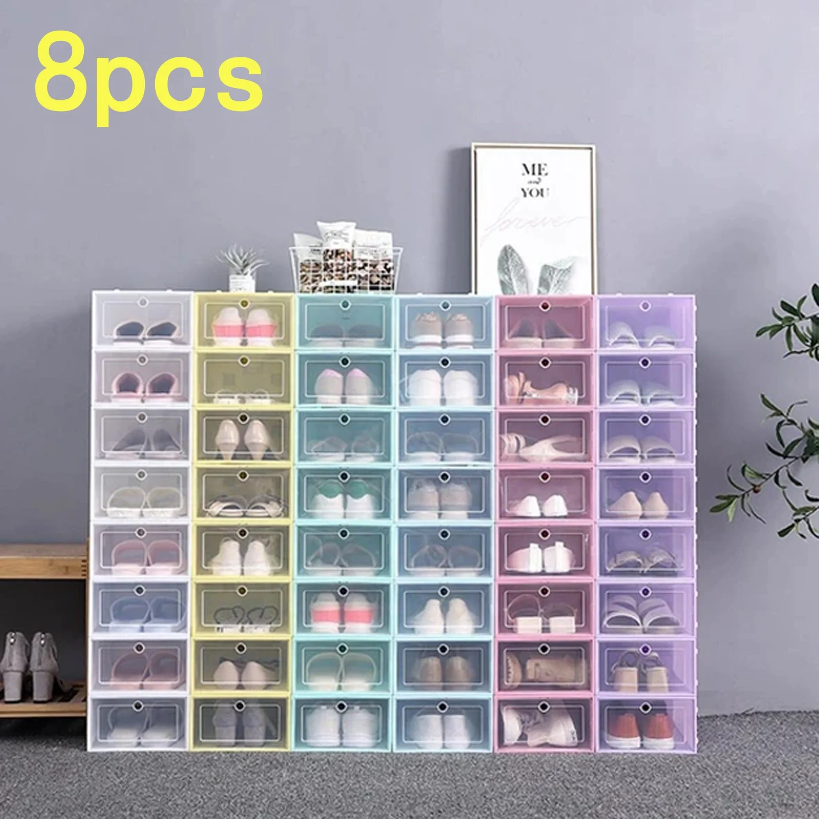 8pcs Foldable Clear Shoes Storage Box Plastic Stackable Shoe Organizer Waterproof Dust proof Shoes Stand Storage Organizer