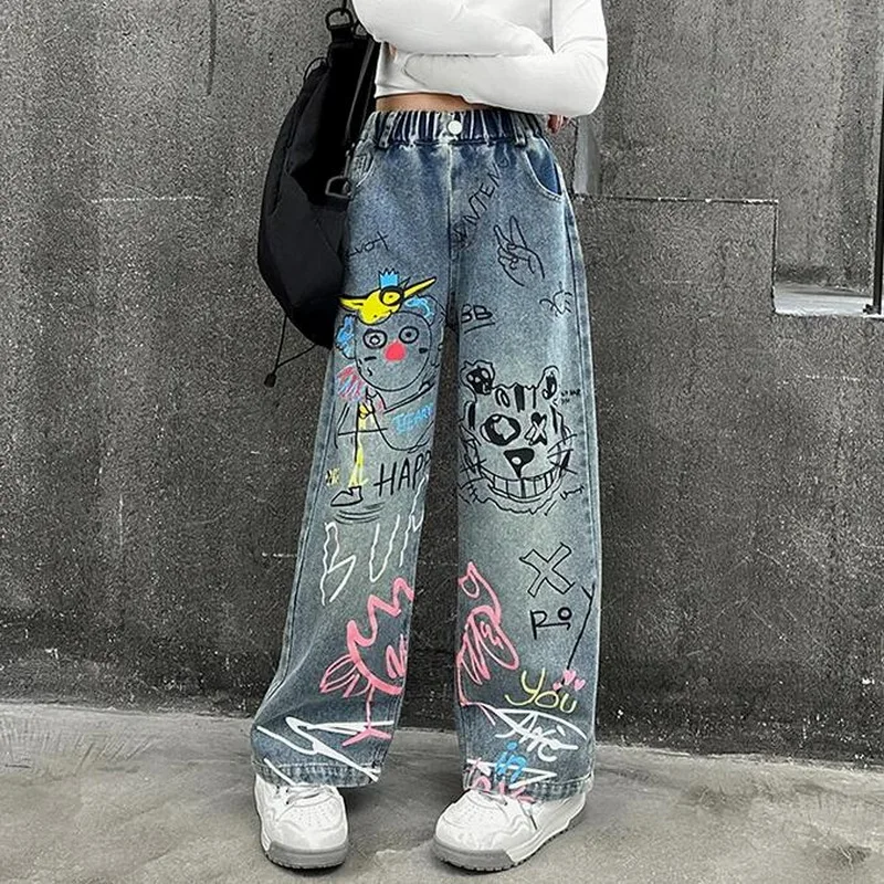 Jeans pour enfants pour filles, mode Graffiti teinture, printemps automne 2021, offres spéciales, pantalons à jambes larges uniques pour adolescents, pantalons de Style coréen