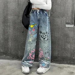 Kids Jeans for Girls Fashion Graffiti Dyeing 2025 Spring Autumn Hot Sales Teenager Unique Wide Leg Pants Korean Style Trousers
