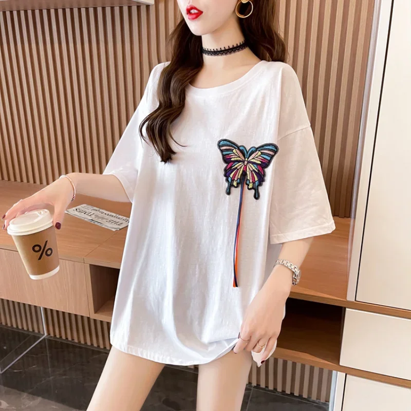 2024 Summer Women Graphic T-shirts Embroidery Ladies Plus Long Short Sleeve Tops Fashion Korean Clothes Aesthetic Tees New