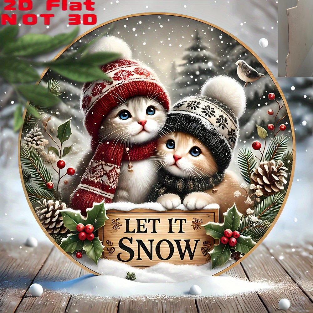 1PCS Charming Cat Christmas Decoration 2D Winter Scene Falling Snowflake Round Wooden Wall Decor Sturdy Display  Pine Branches