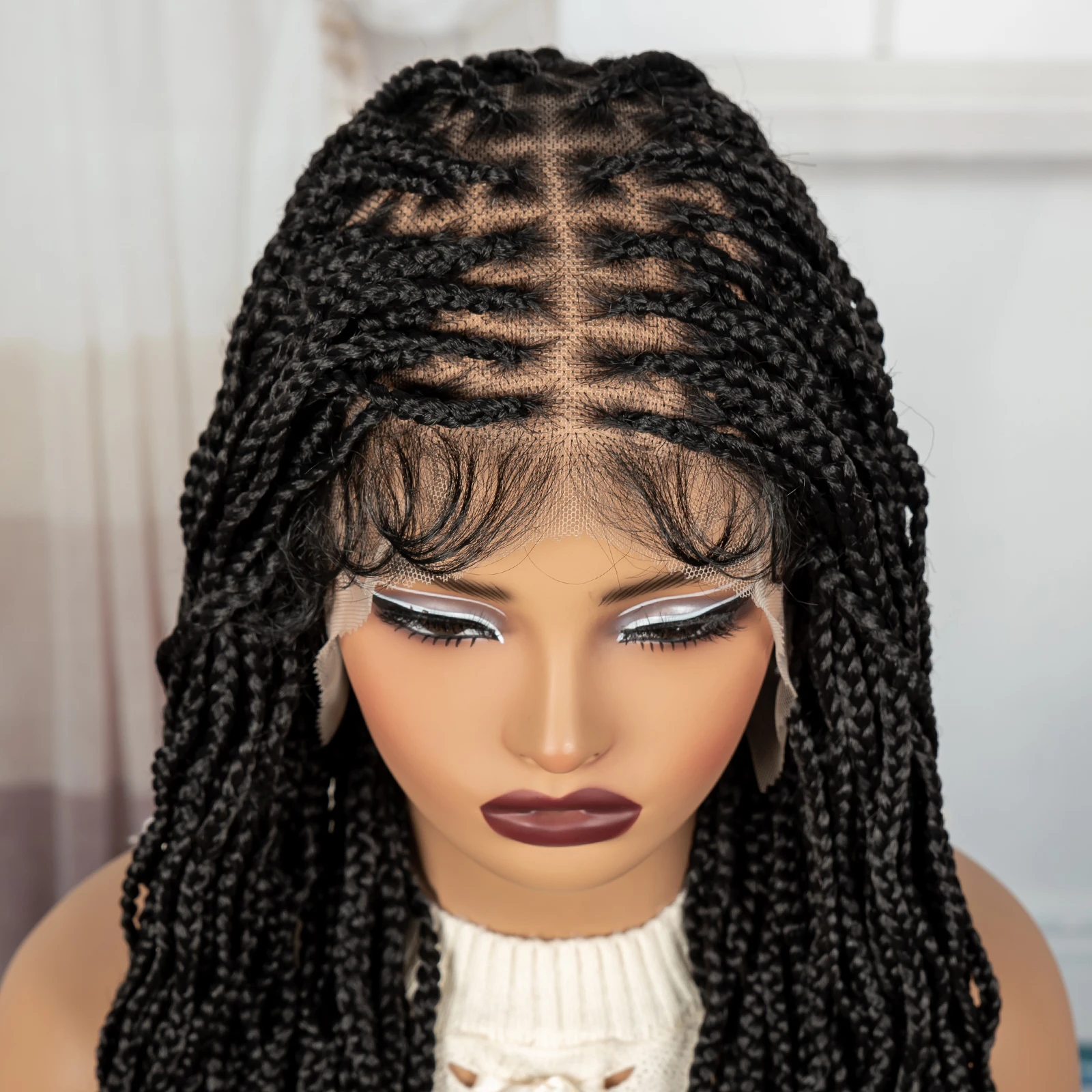 Parrucche con trecce a scatola piena in pizzo con capelli da bambino Parrucche frontali in pizzo HD intrecciate Boho sintetiche con trecce ricci per donne nere 36 pollici