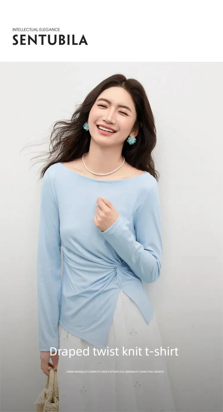 SENTUBILA Lyocell-T-Shirts für Damen, Frühling 2026, schulterfreier Ausschnitt, verdrehter, unregelmäßiger Saum, schlichte Strickoberteile W61TL5033 – Detail 3