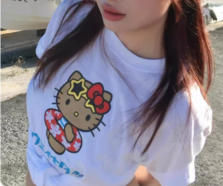 Miniso hello kitty impressão camisetas soltas casuais manga curta em torno do pescoço camisetas mulheres homens casal versátil roupas de venda quente