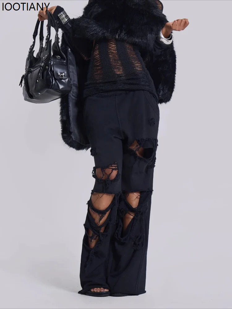 

Black Women's Wide Leg Pants Retro Hip Hop Solid Color Sweatpants Ripped Loose Monster Jogger Pants Streetwear Casual