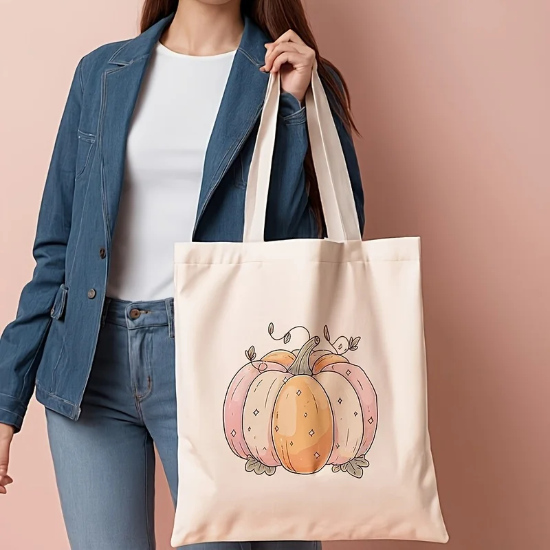 A pastel pumpkin tote bag，Minimalist pink and orange pumpkin line art print shoulder bag，Neutral autumn daily reusable shopping