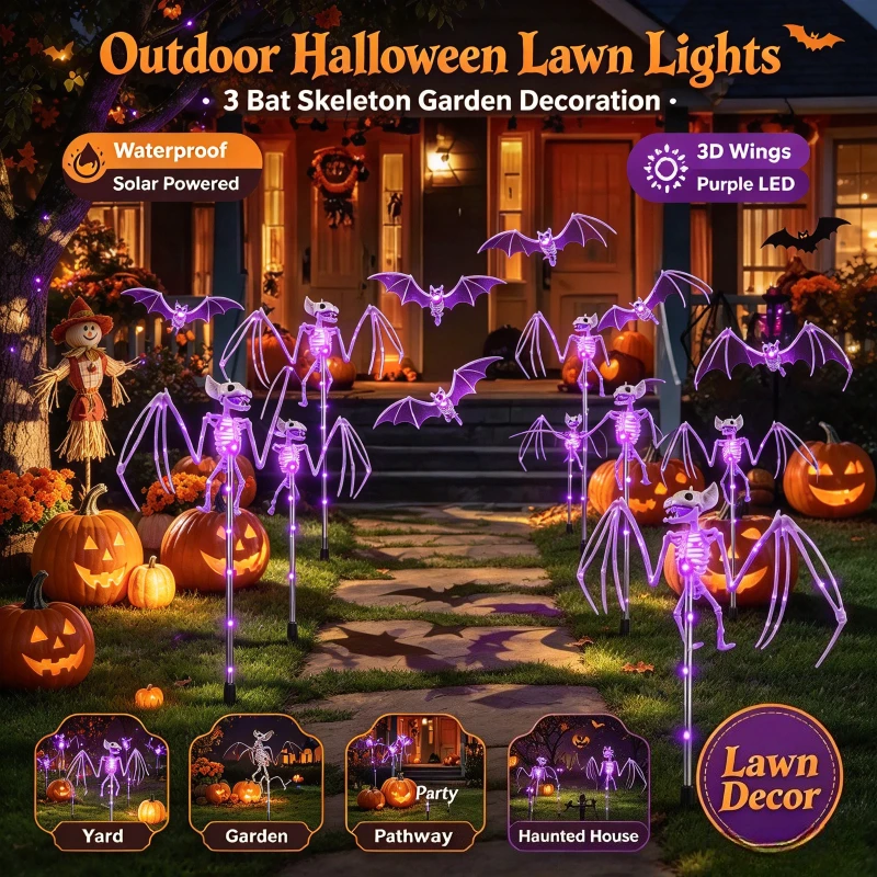 3D Horror Bat Skeleton Stake Light Purple LED Night Ambience Pathway Lighting for Villa Park Landscape Decor Home Garden Path