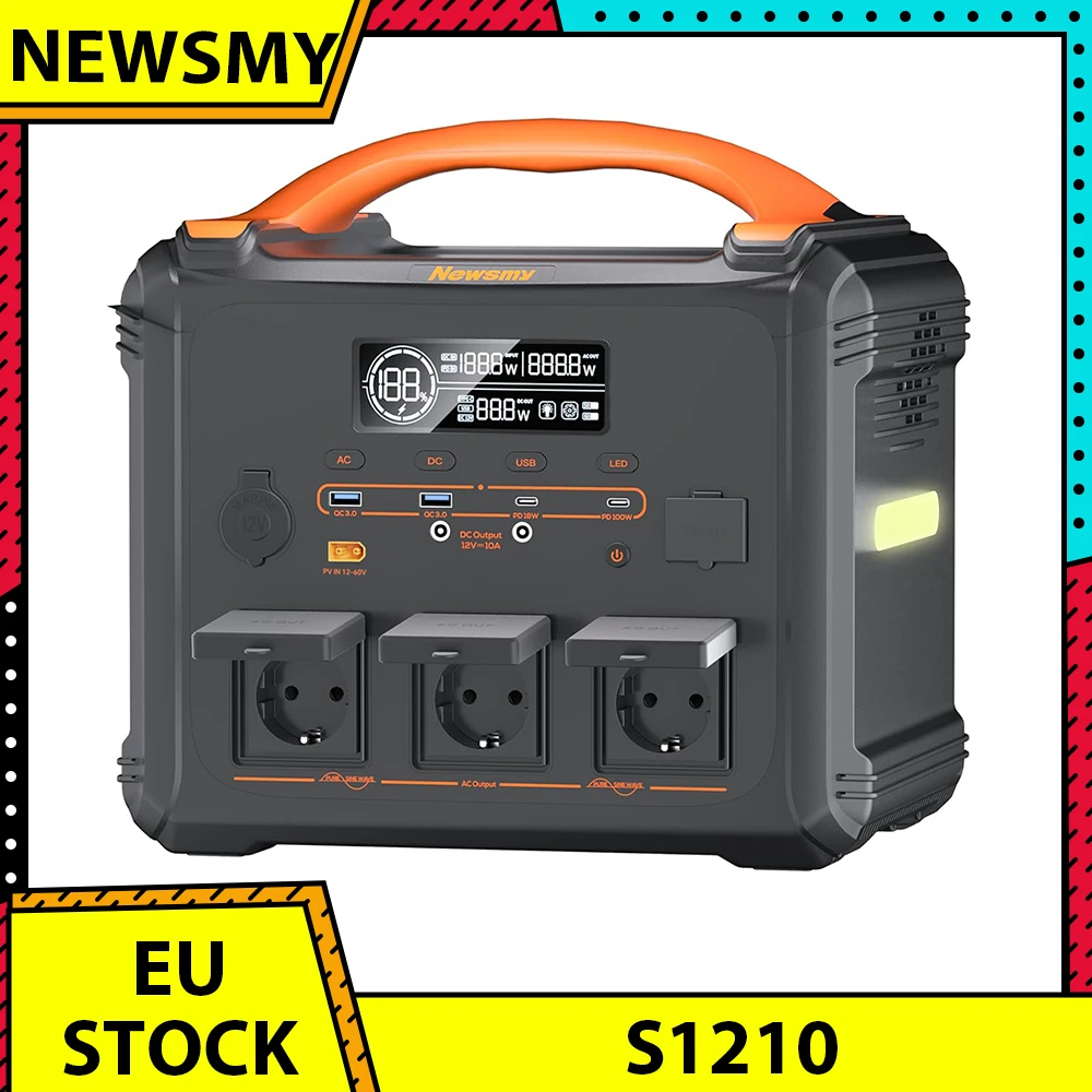 Station d'alimentation portable NEWSMY S1210 2000W, 3000W de pointe, batterie LiMnFePO₄ 1102,5Wh, charge rapide AC 1300W, générateur solaire MPPT