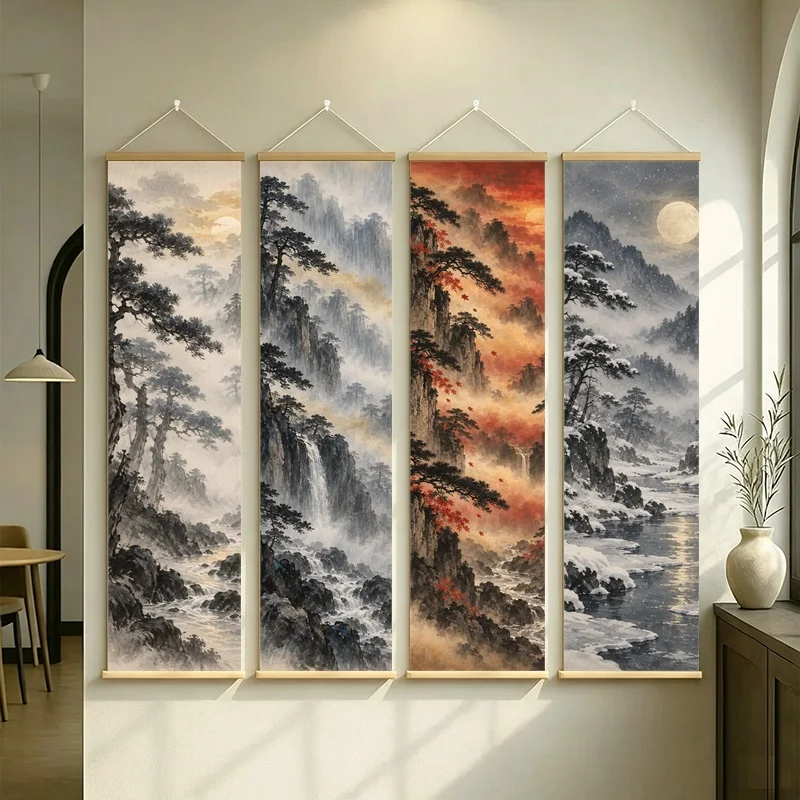 Ink Wash Mountain Wall Art with Misty Waterfalls, Autumn Trees and Pale Moon on Silver Shimmer Canvas for Meditation Room