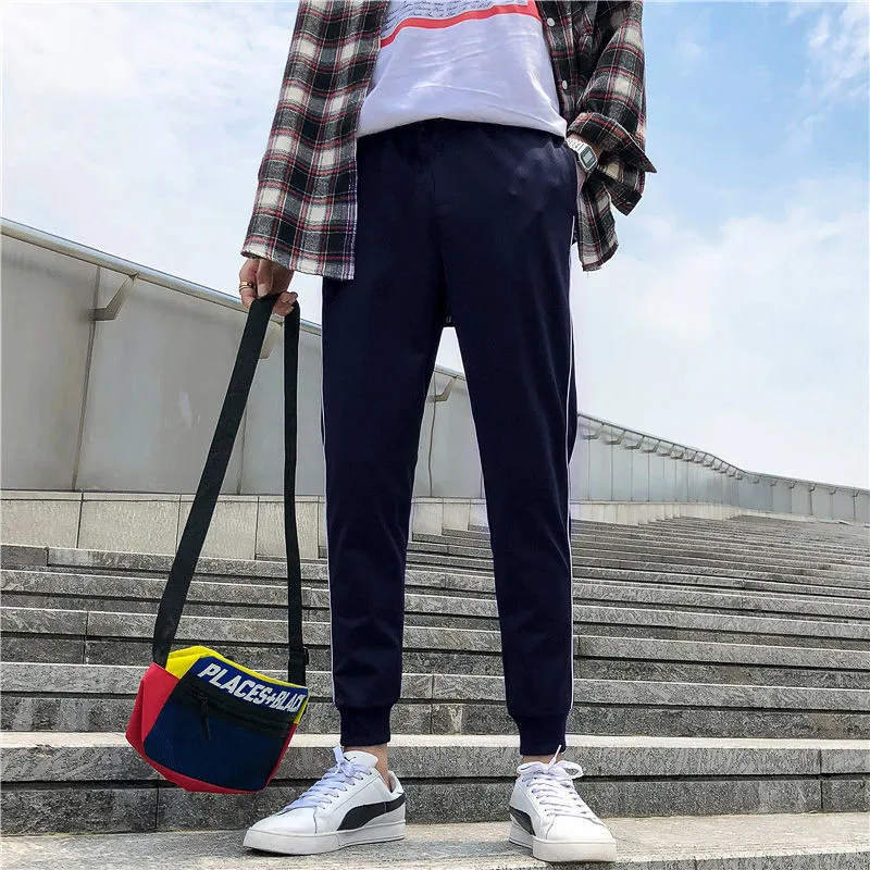 

New Arrival Loose Fit Sports Pants for Middle And Primary School Students with Cuffed Hems ex White Thin Striped Long Tro...