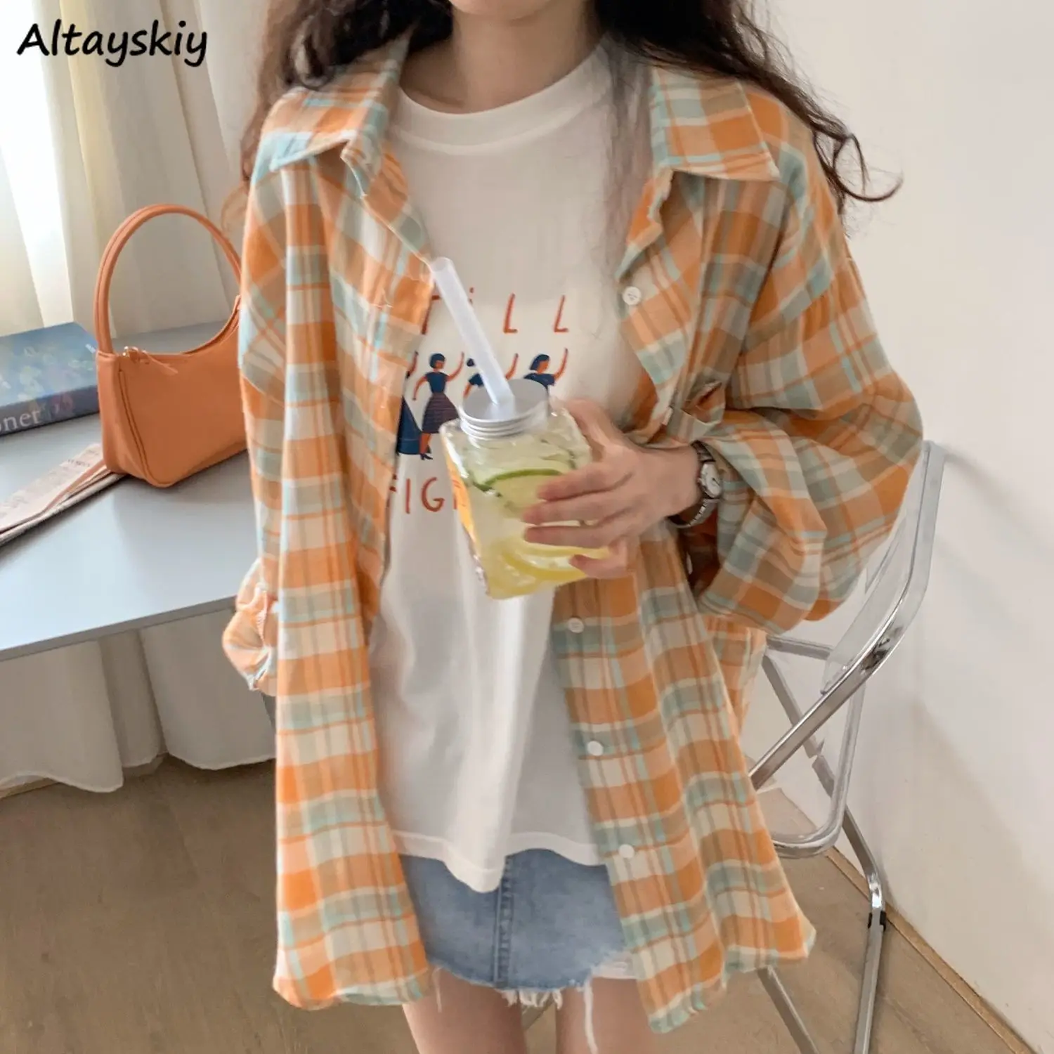 

Summer Sun Protection Plaid Shirts Women Elegant Single Breasted Long Sleeve Tops Sweet Retro Classic Outwear Daily Loose Shirt