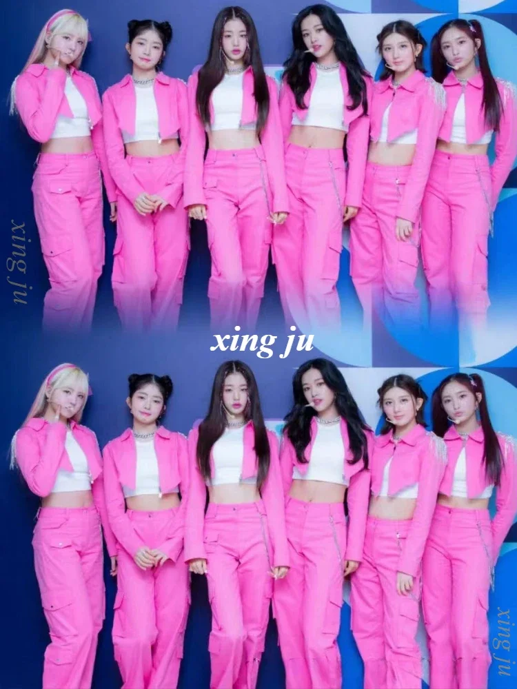 

Korean Women Group Jazz Dance Pink Short Coat Loose Wide Leg Denim Trousers Kpop Female DJ Dance Outfits Singer Stage Costume