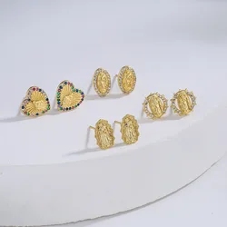 Gold Color Virgin Mary Stud Earrings For Women, High Quality Stainless Steel Earrings With CZ Stone,Elegant Jewelry Gift