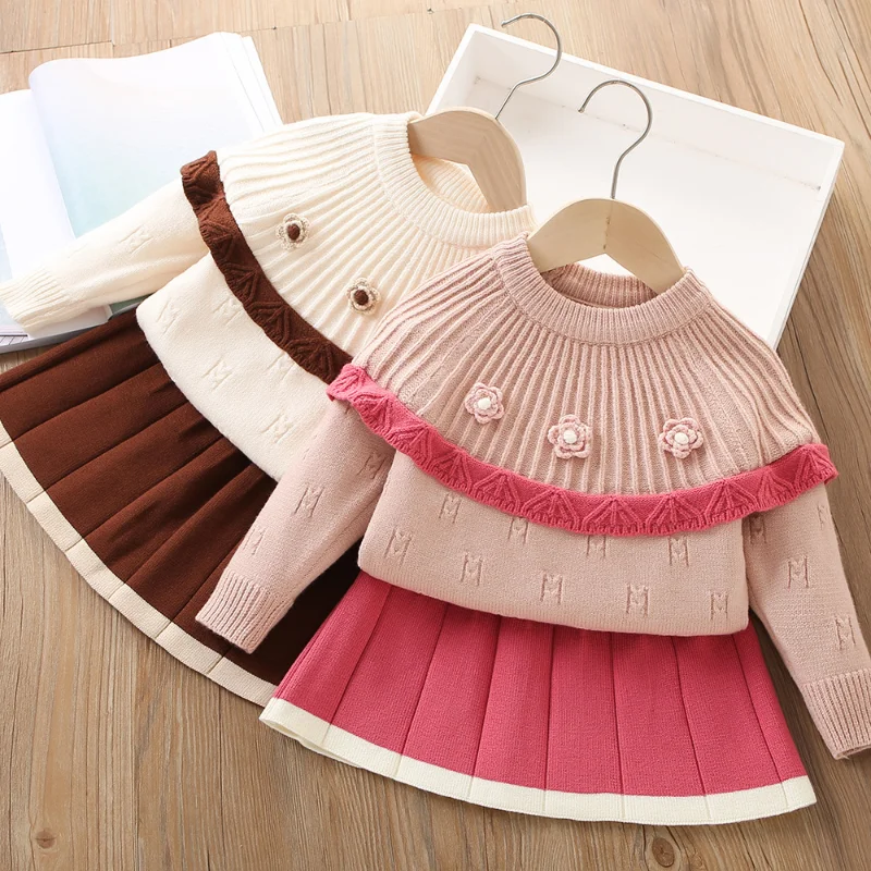 

Girls' Sweater Set 2024 Autumn and Winter New Korean Version of Flower Knitted Long-sleeve Jumper Skirt Two-piece Set 2-6y